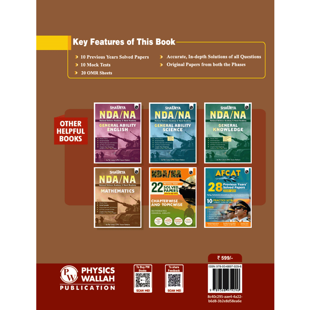 UPSC NDA/NA National Defence Academy & Naval Academy 10 Previous Year Solved Papers (PYQs) 2019-2025 & 10 Mock Tests with 20 OMR Sheets For NDA Exams 2025-2026