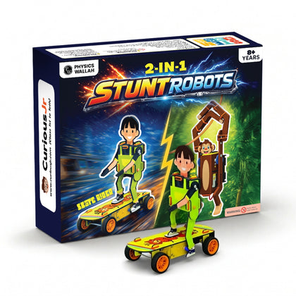 Curious Jr. 2-in-1 Stunt Robots DIY Kit for Kids (8+ Years), Build Skate Rider & Rope Climber Monkey, STEM Science Toy with Motorized Action, Educational Kit, Birthday Gift for Boys & Girls