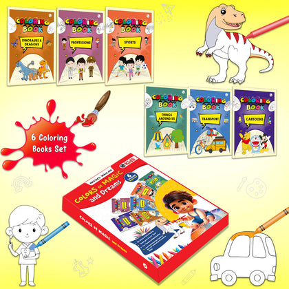 Copy Colour Book For Kids Set of 6 Books - Professions, Sports, Things Around Us, Transport, Flowers, Dinosaurs & Dragons | 2 to 6 Years Old | Ideal Birthday Gift Set for Kids