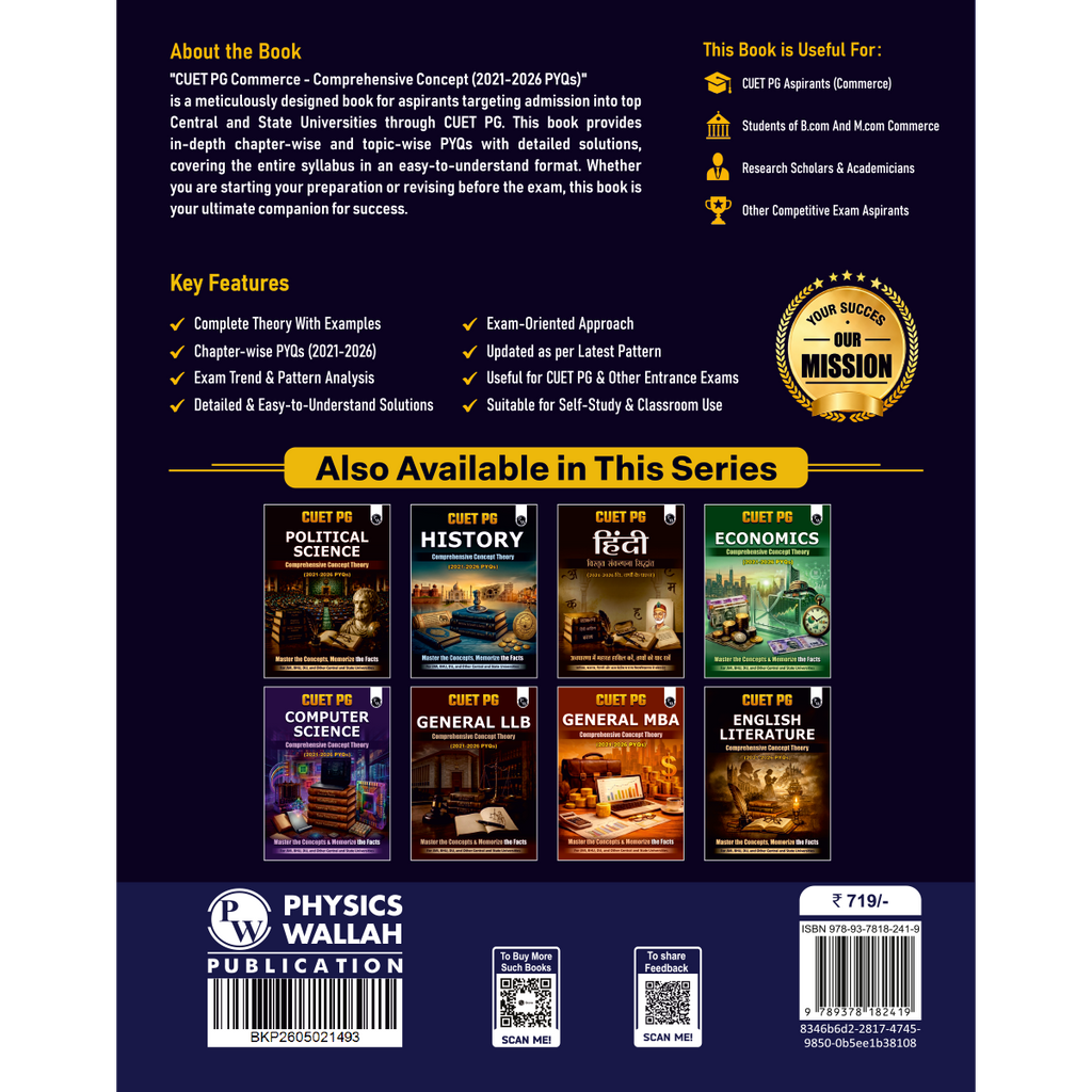 PW CUET PG Commerce PYQ 6 Years and Concept Theory Book (2026-2021) | Ideal for JMI, BHU, DU, & Other Central & Universities