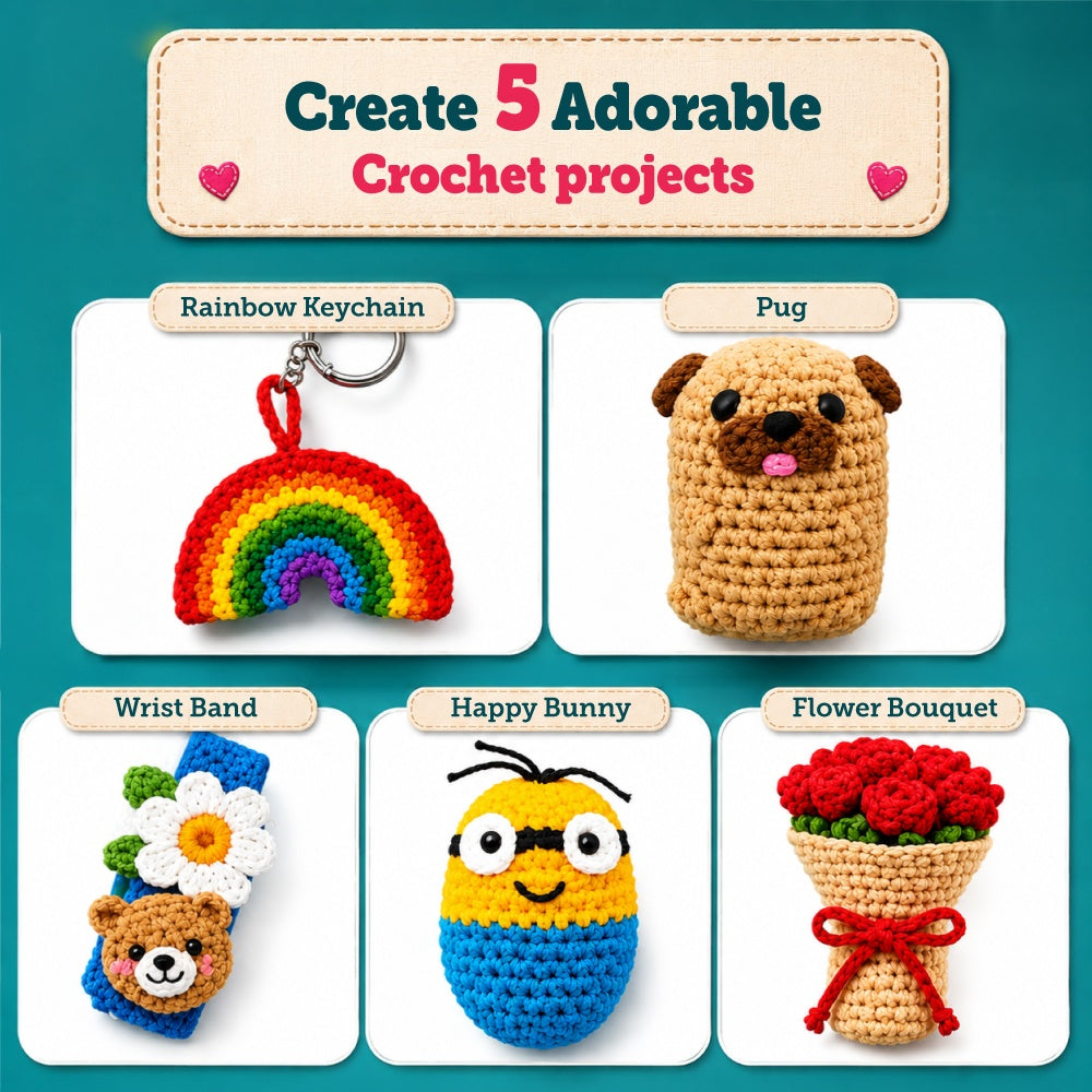15 Pcs Crochet Kit for Beginners, 5 Experiments with Video Tutorial