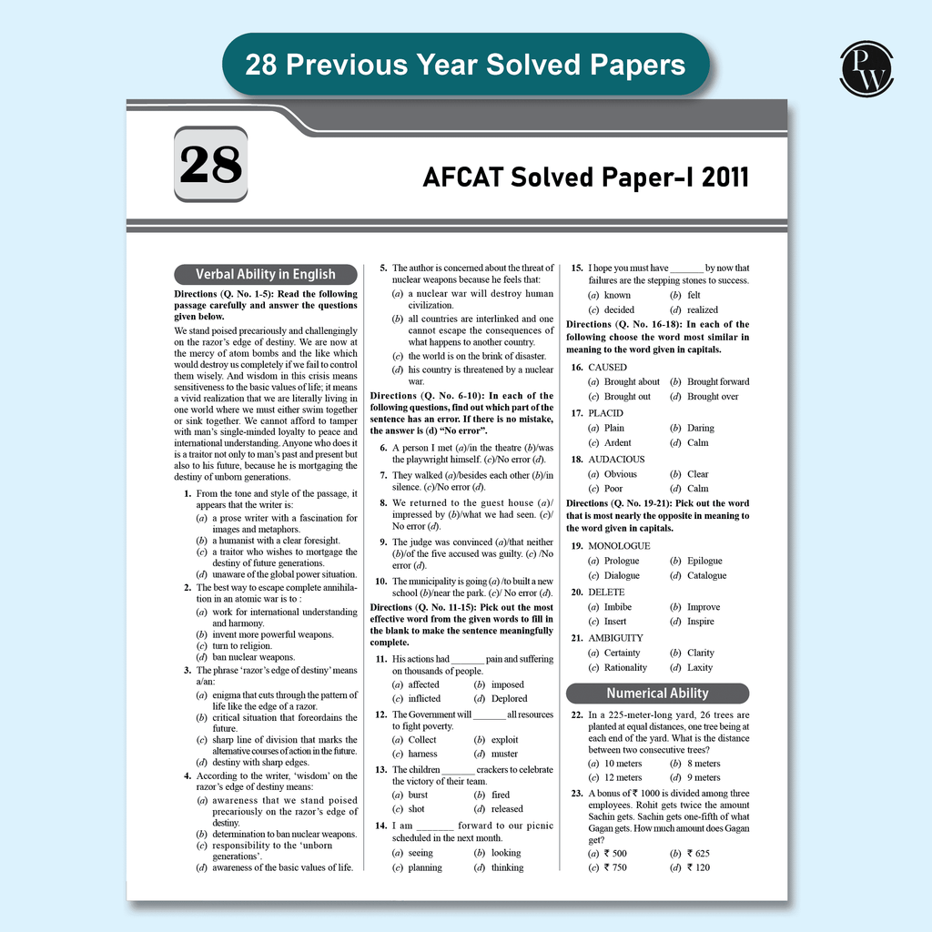 28 AFCAT Previous Years Solved Papers (2025 - 2011) For Flying, Technical & Ground Duty (Non-Technical) Branches For 2025-26 Exam | Previous Year Questions | PYQs | Fully Solved
