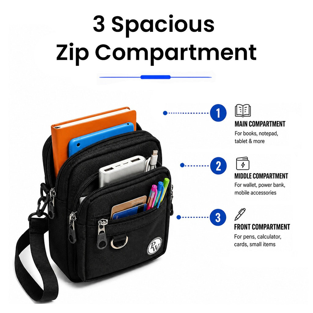 Sling Bag | Compact Crossbody Bag with 3 Zip Compartments | Lightweight One Shoulder Side Pouch for Exams, Travel, College & Daily Use