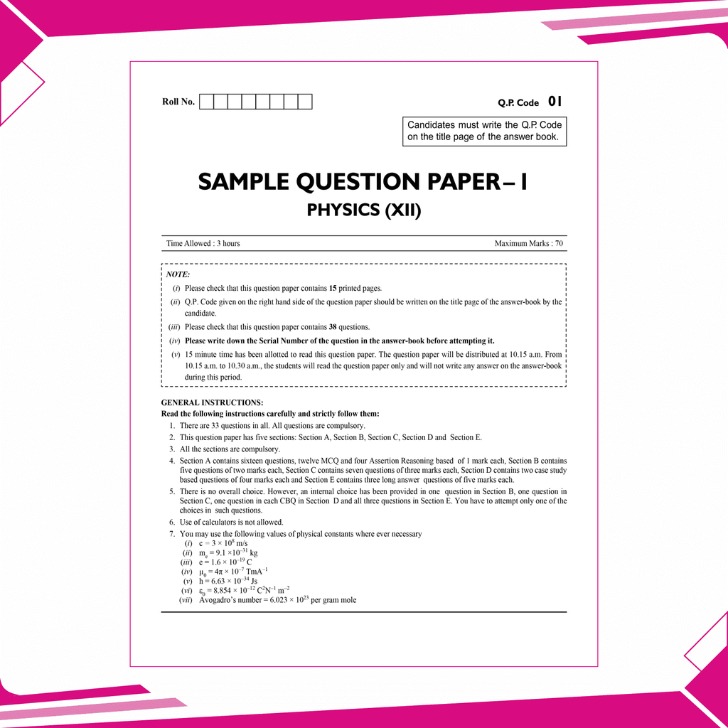 CBSE 15 Sample Question Papers Class 12 Physics for 2025 Exam | Competency-Based Learning | PYQ 2024 with Topper's Explanations, CBSE SQP & CBSE Practice Questions
