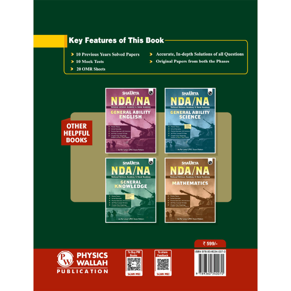 UPSC NDA/NA National Defence Academy Naval Academy 10 Previous Year Solved Papers 2019-2024 & 10 Mock Tests with 20 OMR Sheets l Mathematics and General Ability For NDA Exams 2024-2025