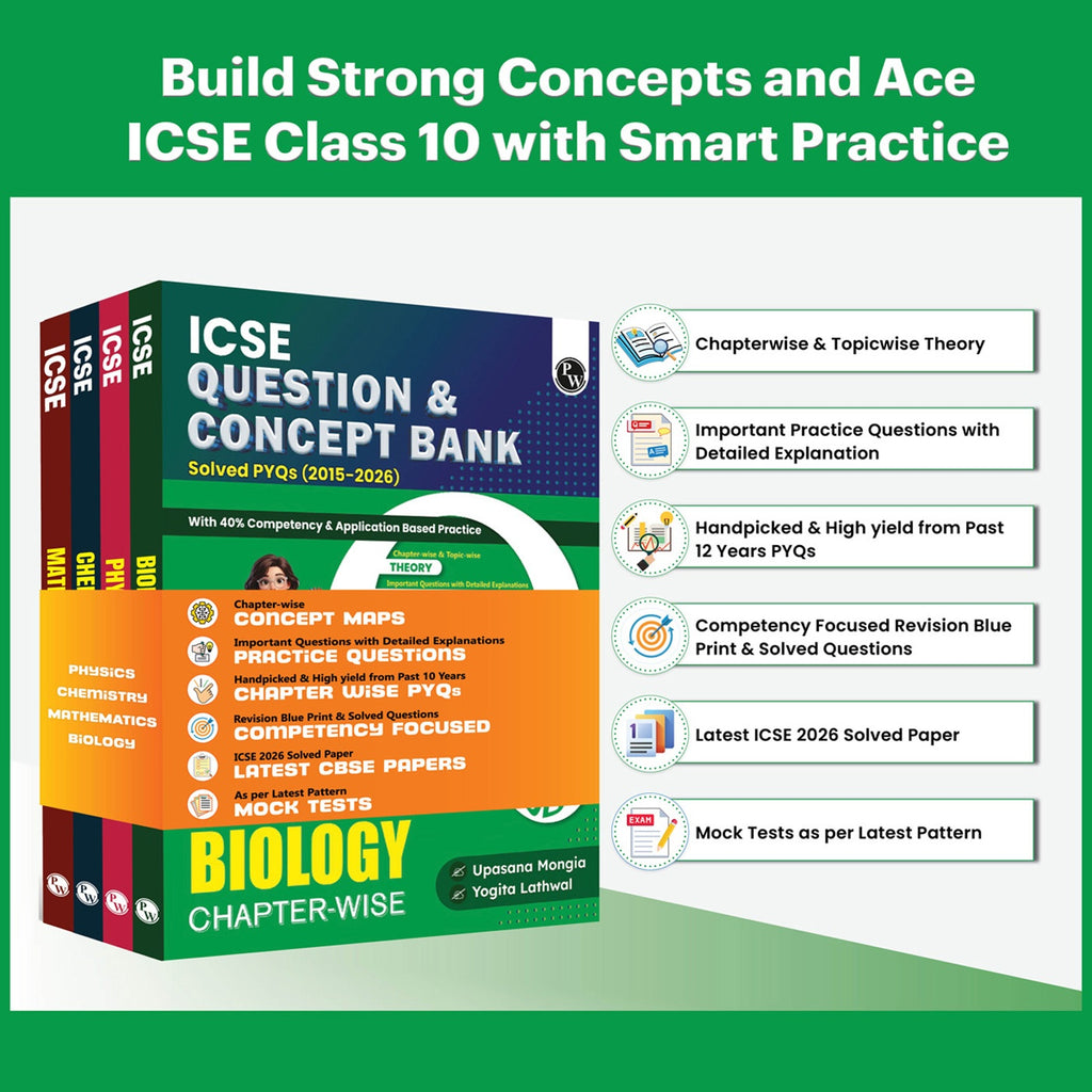 Class 10 ICSE Question & Concept Bank 2027 Physics, Chemistry, Maths & Biology Combo Set of 4 Books | Solved PYQs | 40% Competency & Application Based Practice Questions