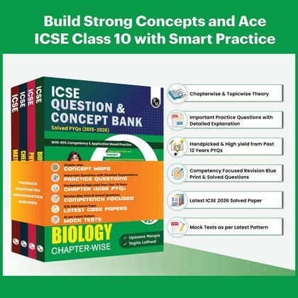 Class 10 ICSE Question & Concept Bank 2027 Physics, Chemistry, Maths & Biology Combo Set of 4 Books | Solved PYQs | 40% Competency & Application Based Practice Questions