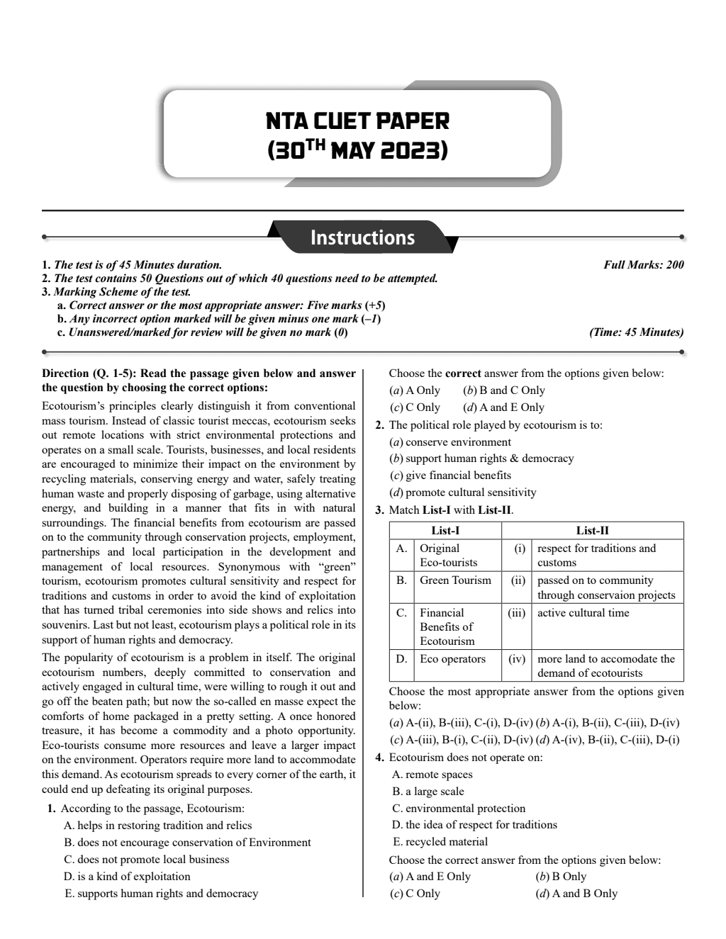 NTA CUET UG General Test & English Combined Mock Test and Past Year Papers For 2024 Exam l FREE Online CBT