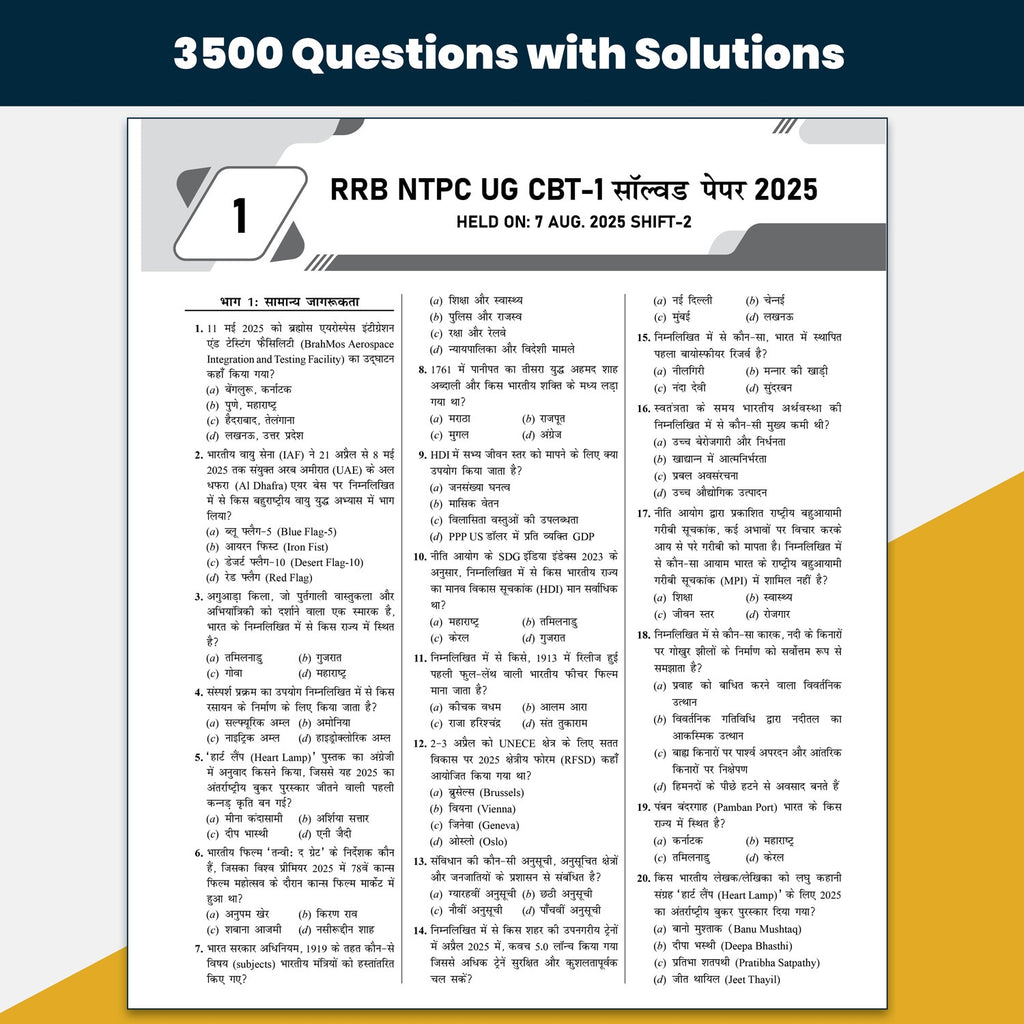 RRB NTPC Undergraduate 35 Previous Year Solved Papers CBT-1 2025-26 (PYQ) Hindi Medium | 3500+ Questions | 15 Online Mock Tests for Exam 2026-27
