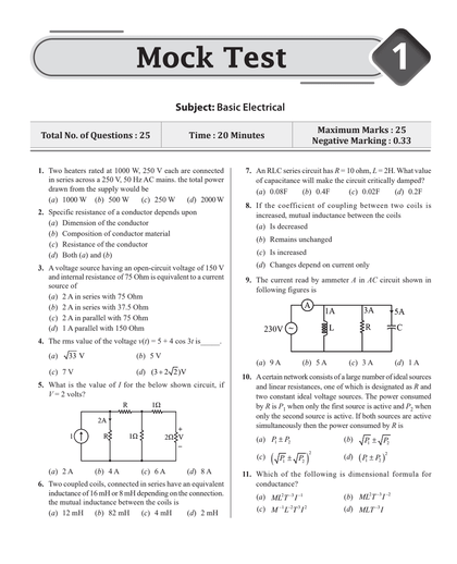 SSC JE Mock Test Electrical Paper- I, 6 Subject wise Mock tests and 5 Full length Tests, Fresh 1200+ Questions based on new SSC JE exam pattern