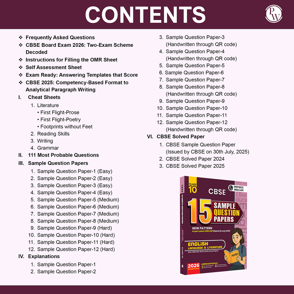 PW 15 CBSE Class 10 Sample Papers English for 2026 Board Exam (As Per Latest SQP Dated 30 July 2025) | Mind Maps with 111 Most Probable Questions