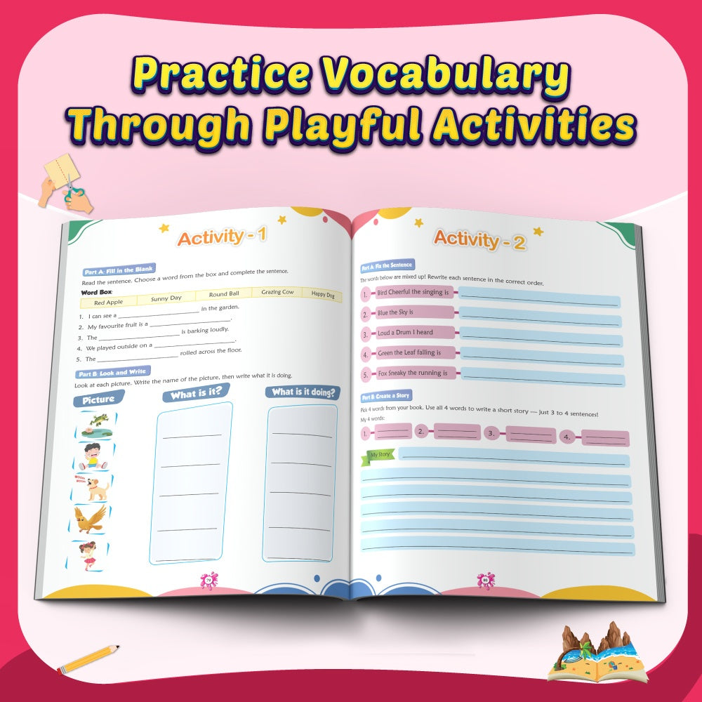 1200 Two Words Vocabulary Book For Kids | Picture Book with Activities | Free 500+ Printable Worksheets with Parenting Tips | Preschool Reading Book for 5+ Years | PW Kids
