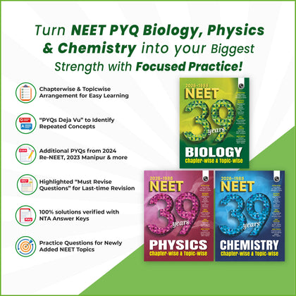 NEET PYQ 39 Years Physics, Chemistry, Biology Combo Set of 3 Books For 2027 Exam | PYQ Deja Vu | Additional PYQs from Re-NEET and Other States | Chapterwise and Topicwise Solutions (2026-1988)
