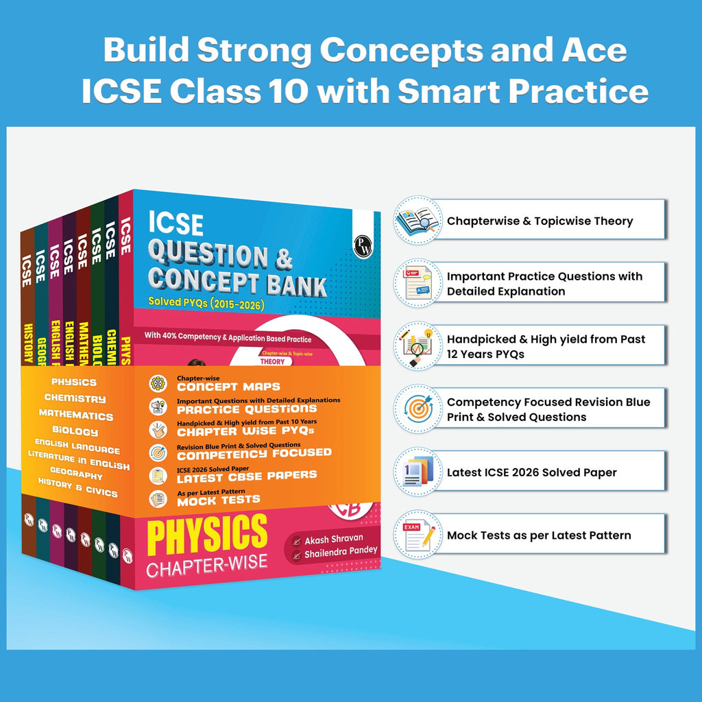 Class 10 ICSE Question & Concept Bank 2027 Physics, Chemistry, Maths, Biology, English Paper 1 (Language), English Paper 2 (Literature), Geography, History and Civics Combo Set of 8 Books