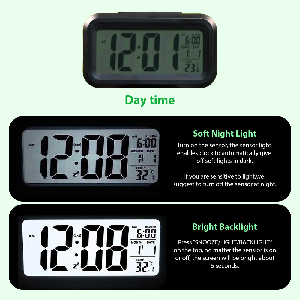Alarm Clock with Automatic Sensor, Date and Temperature Display, Table Clock for Students, Home, Office, Corporate Use (Black Digital)