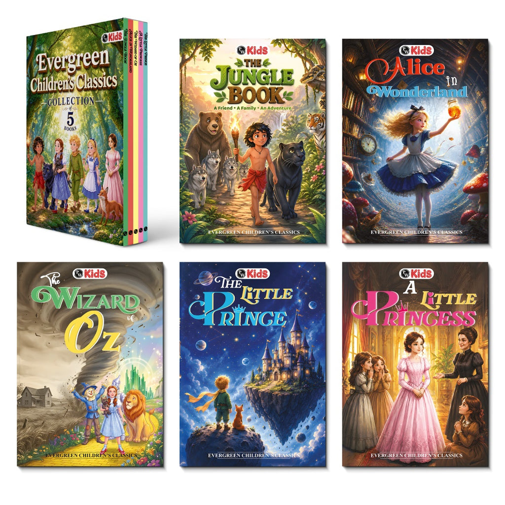 Evergreen Children’s Classics Stories (Set of 5 Books) | Illustrated Story Books For Kids | Jungle Book, Wizard of Oz, Alice in Wonderland, Little Prince and Little Princess For 6+ Years Old