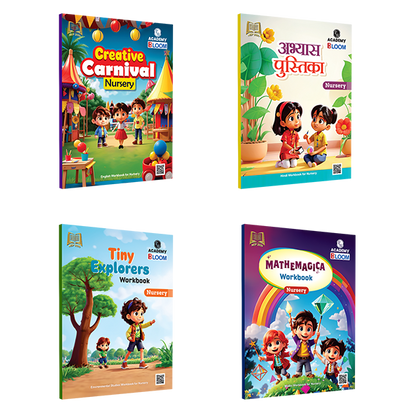 Bloom Nursery Workbook Combo | Total 4 Workbooks (Hindi, English, EVS, Maths) with PERFORATED SHEETS & STICKER ACTIVITY -2024 | NEP 2020 Aligned