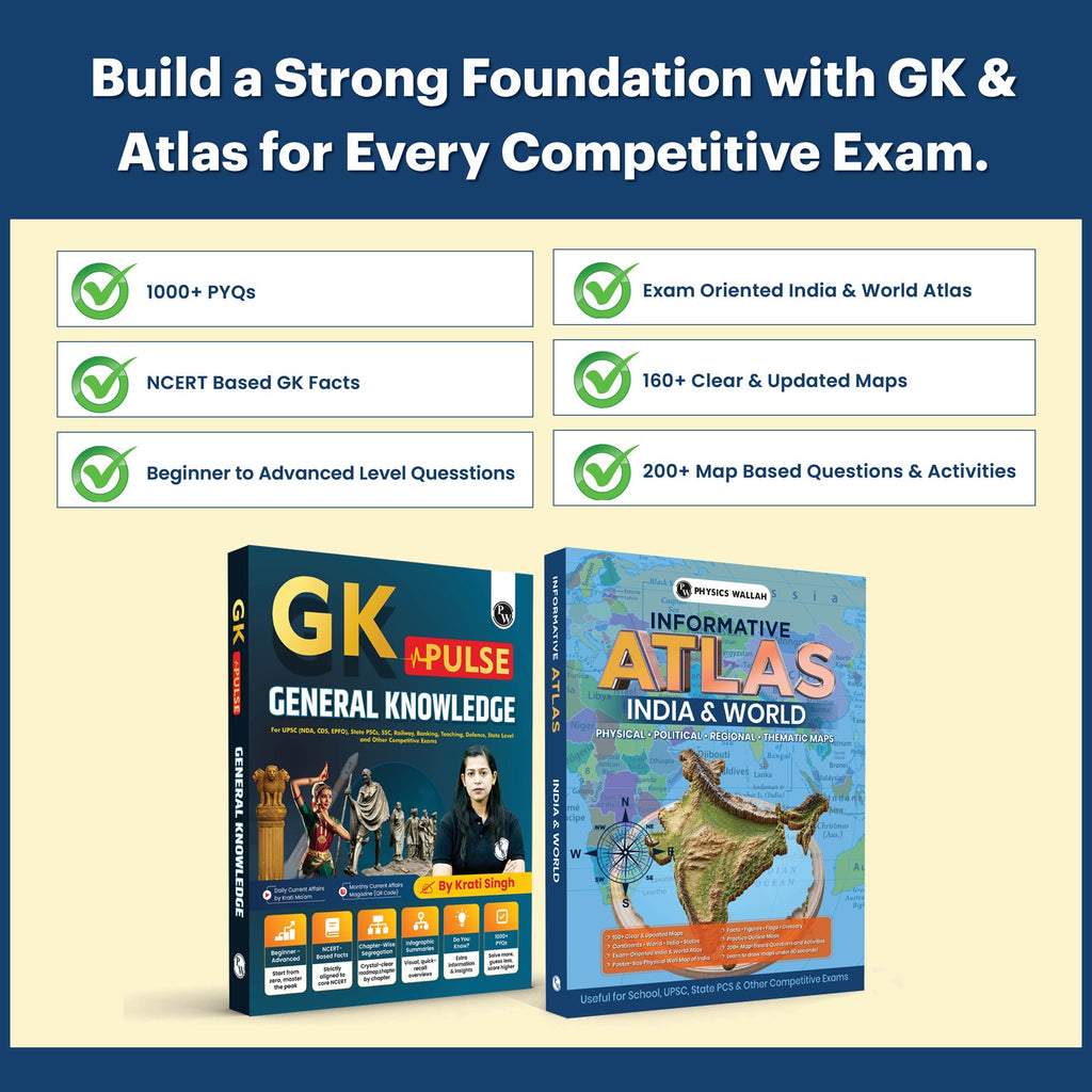 GK Puls General Knowledge Book 2026 &  Informative Atlas Book - India & World Combo Set of 2 Books | 1000+ One liner PYQs, Physical, Political, Regional, Thematic Maps For UPSC, State PSC & Other Competitive Exams