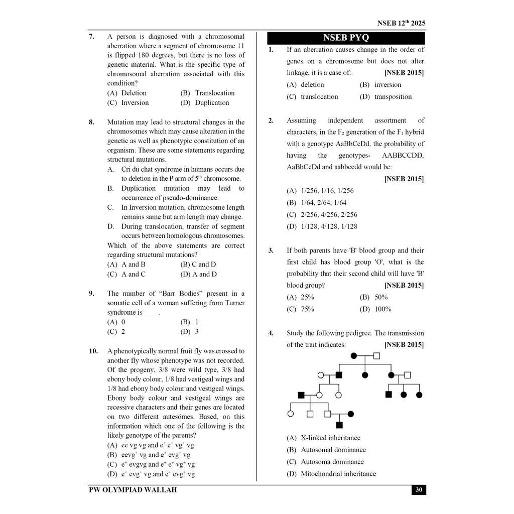 Olympiad Wallah NSEB Class 12 Advanced Biology (Part 1) For Biology Olympiad 2025 | Practice Questions, PYQ, Detailed Solutions | Ideal For INBO & IBO