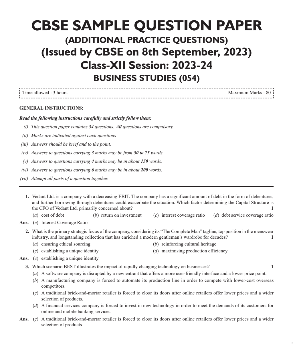 CBSE 15 Sample Question Papers Class 12 Business Studies for 2024 Exam (Mock Test Paper) Adhering to Competency - Based Learning | Embedded Videos and Cheat Sheet for Revision | PYQ 2023 Solved Paper
