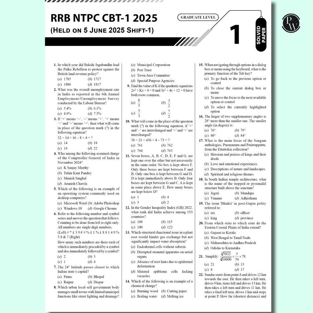 PW All in One RRB NTPC Graduate & Undergraduate CBT-1 for 2026 Exams l Chapterwise Theory, Short Tricks and Exercises l 21 Past Year Papers (PYQs) 2016, 2021 & 2025 with 10 Practice Sets