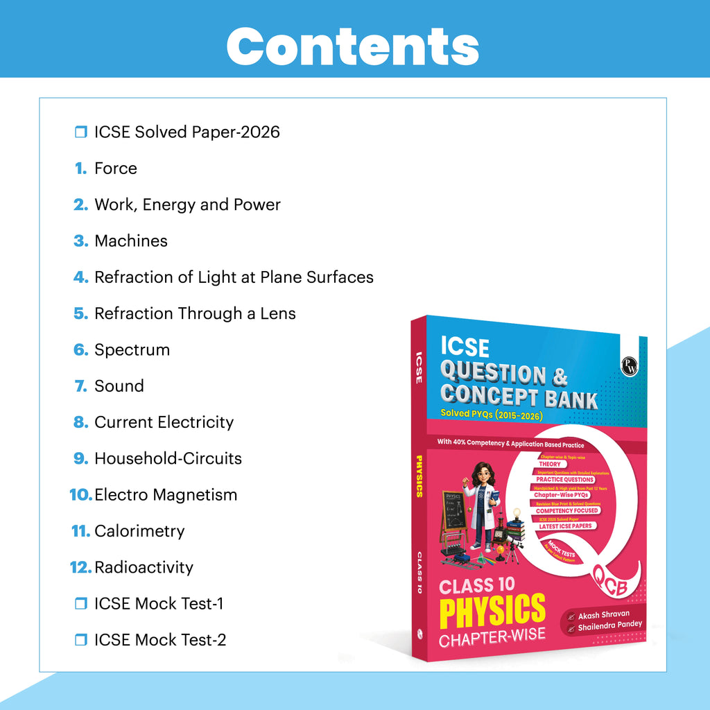 PW ICSE Class 10 Question & Concept Bank Physics for 2027 | Chapterwise & Topicwise By Akash Shravan & Shailendra Pandey | Solved PYQs | 40% Competency & Application Based Practice Questions