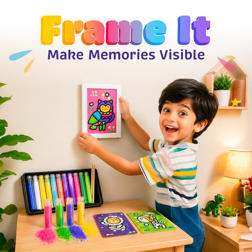 DIY Sand Art Activity Kit for Kids, Animal Themed Kit with 12 Fun Sand Colours, 12 Stickers Cards & 2 Bamboo Tools, Mess Free Art & Craft Kit for 4-8 Years Kids, Best Birthday/Return Gift