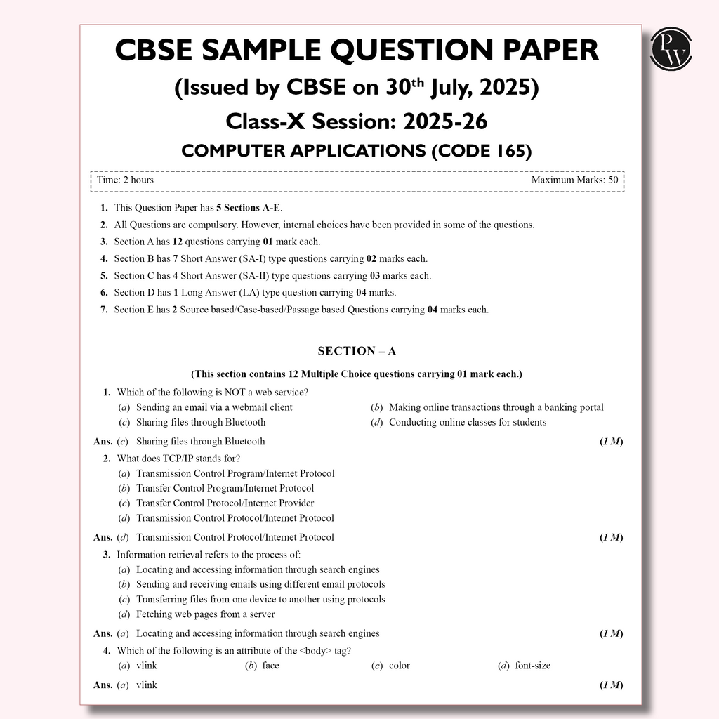 PW 15 CBSE Class 10 Computer Applications Sample Paper for 2026 Exam (As Per Latest SQP Dated 30 July 2025) | Mind Maps with 111 Most Probable Questions