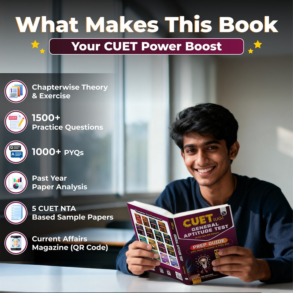 CUET (UG) General Aptitude Test & English Chapterwise & Topicwise Theory & Exercise with PYQ (2025-2022) | Most Probable Question Bank | Prep Guide | Mock Tests for Exam 2026