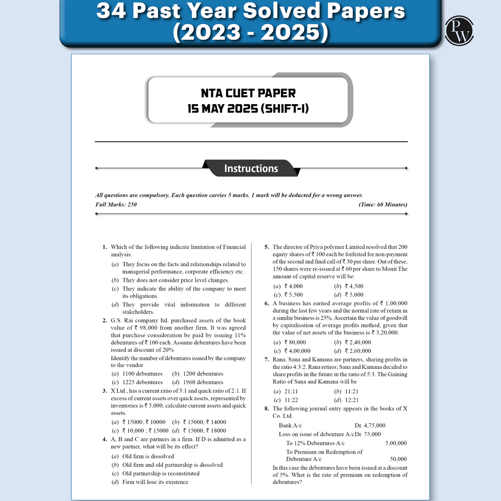 PW NTA CUET (UG) Commerce PYQ Stream 54 Past Years Solved Papers (2025-2022) & Mock Tests For Exam 2026 | 2450+ MCQs with Free Online CBT