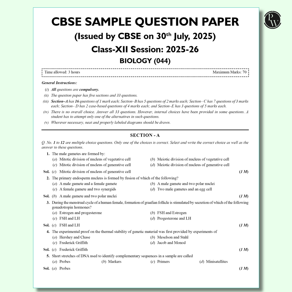 CBSE 12 Sample Question Papers Class 12 Biology For 2026 Board Exam (As Per Latest SQP Dated 30 July 2025) | 2025 Solved Paper, Mind Maps, Stepwise Marking
