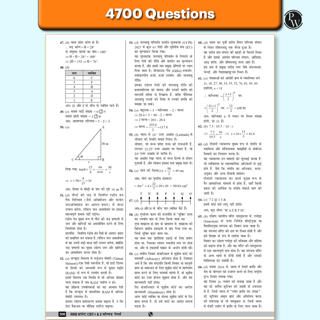PW RRB NTPC PYQ -45 Previous Year Solved Papers CBT - I & CBT - 2 (2016 - 2025) PYQ Graduate Level For 2026 Exam l Free 7 Online Mock Tests Hindi Medium