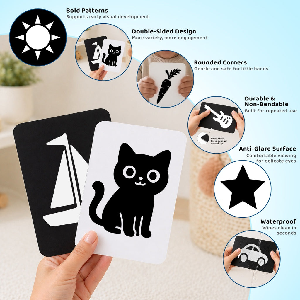 High Contrast Flashcards For New Born Baby | Educational Black & White 60 Pictures | Tummy Time Toys For Babies - 0 to 12 Months For Visual Stimulation & Sensory Development | Gifts for Infants
