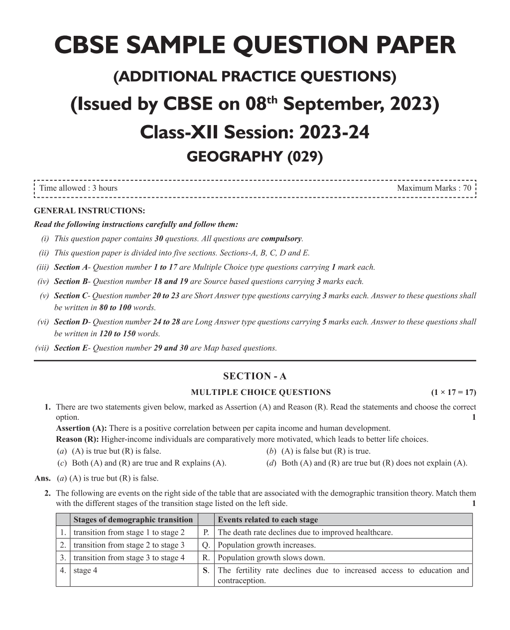 CBSE 11 Sample Question Papers Class 12 Geography for 2024 Exam (Mock Test Paper) Adhering to Competency - Based Learning | Embedded Videos and Cheat Sheet for Revision | PYQ 2023 Solved Paper