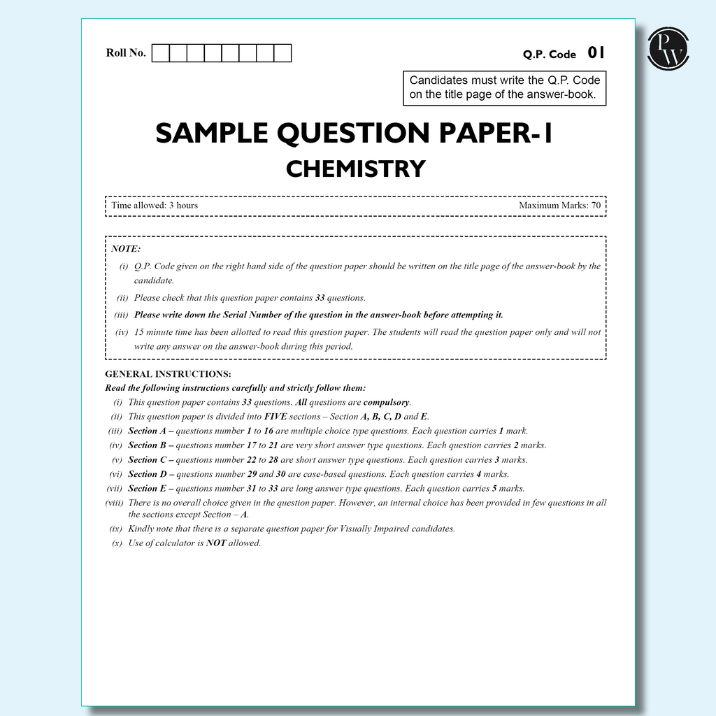 CBSE 12 Sample Question Papers Class 12 Chemistry For 2026 Board Exam (As Per Latest SQP Dated 30 July 2025) | 2025 Solved Paper, Mind Maps, Stepwise Marking