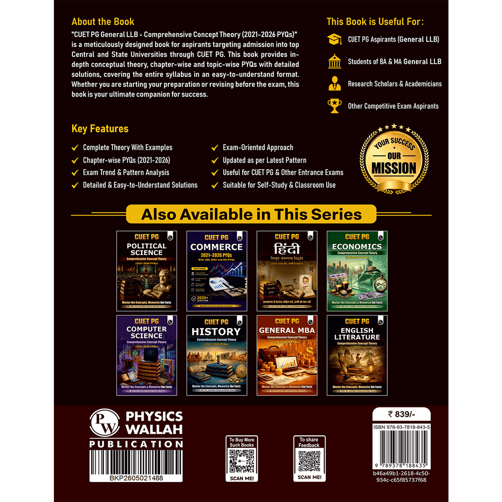 CUET PG General LLB Concept Theory and 6 Years PYQ Book (2026-2021) | Ideal for JMI, BHU, DU, & Other Central & Universities