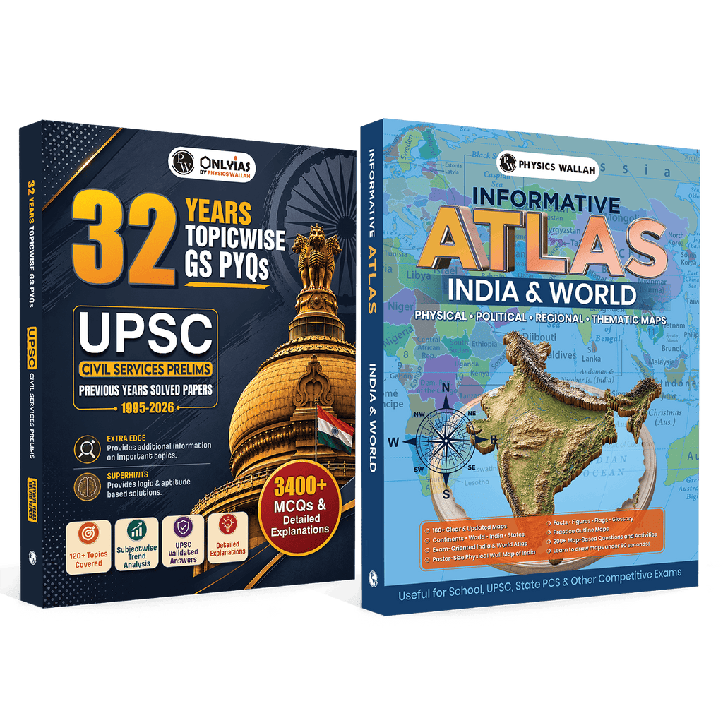 PWOnlyIAS UPSC Prelims PYQ Book & Informative Atlas - India & World Combo Set of 2 |32 Years Topicwise UPSC GS PYQs with 3400+ MCQs | Physical, Political, Regional, Thematic Maps