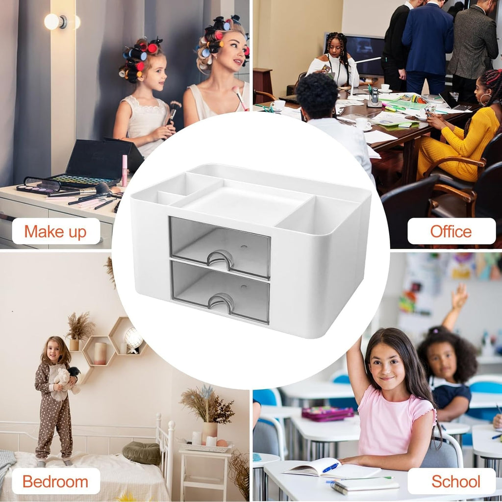 Shuttle Art Desk Organizer with 2 Drawers | Multi-Functional Stationery Holder for Office, Study Table, Home | 5 Compartment Pen, Pencil, Marker Storage Box for School & Art Supplies (White)