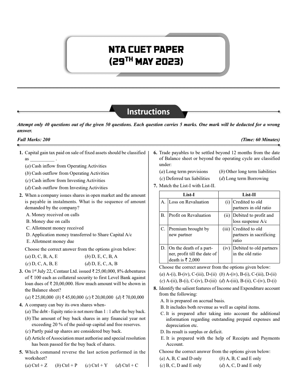 NTA CUET UG Commerce Stream Combined Mock Test and Past Year Papers (Accountancy, Economics, Business Studies, Mathematics, English, General Test) For 2024 Exam l FREE Online CBT