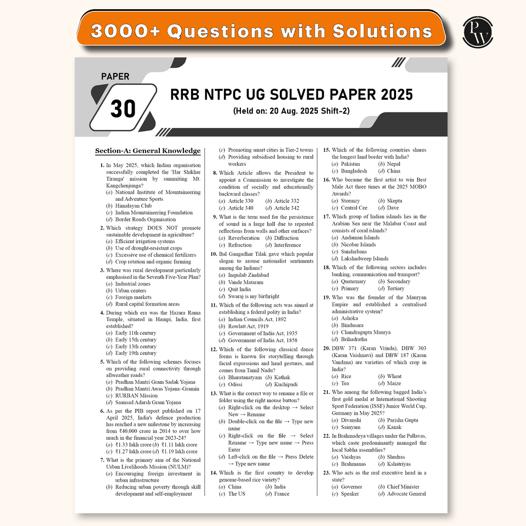 RRB NTPC Undergraduate 30 Previous Year Solved Papers CBT-1 2025 (PYQ) | 3000+ Questions | 3 Online Mock Tests for Exam 2026 | English Medium