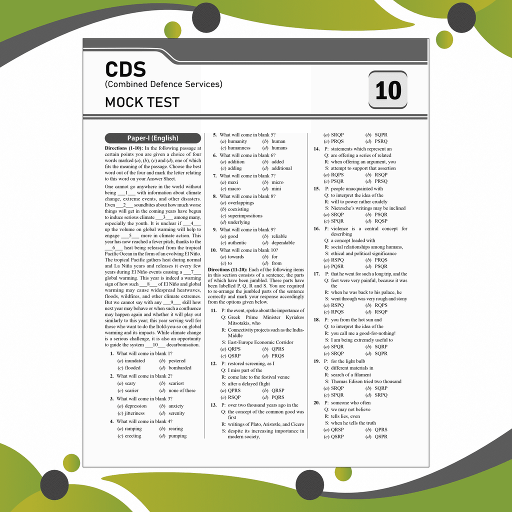 CDS Combined Defence Services 10 Previous Year Solved Papers (2024 - 2019) & 10 Mock Tests with 15 OMR Sheets (English, General Knowledge and Mathematics) For CDS Exam 2024-2025
