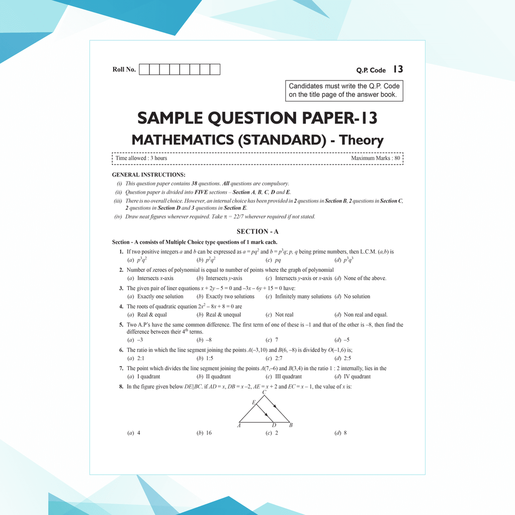 CBSE 15 Sample Question Papers Class 10 Mathematics (Standard) for 2025 Exam | Competency-Based Learning | PYQ 2024 with Topper's Explanations, CBSE SQP & CBSE Practice Questions