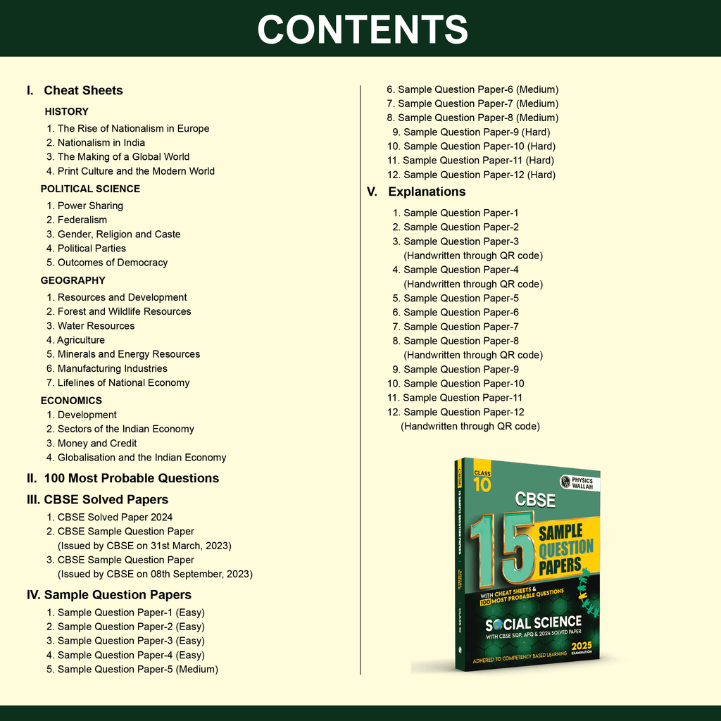 CBSE 15 New Pattern Sample Question Papers Class 10 Social Science For 2025 Exam with 50 Percent Competency Based Questions 100 Most Probable Questions