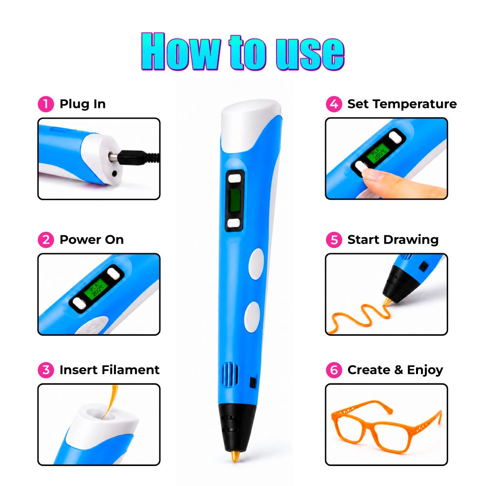 PW 3D Pen for Kids, DIY Kit with USB Cable, Pen Holder&3 PLA Filaments Refills