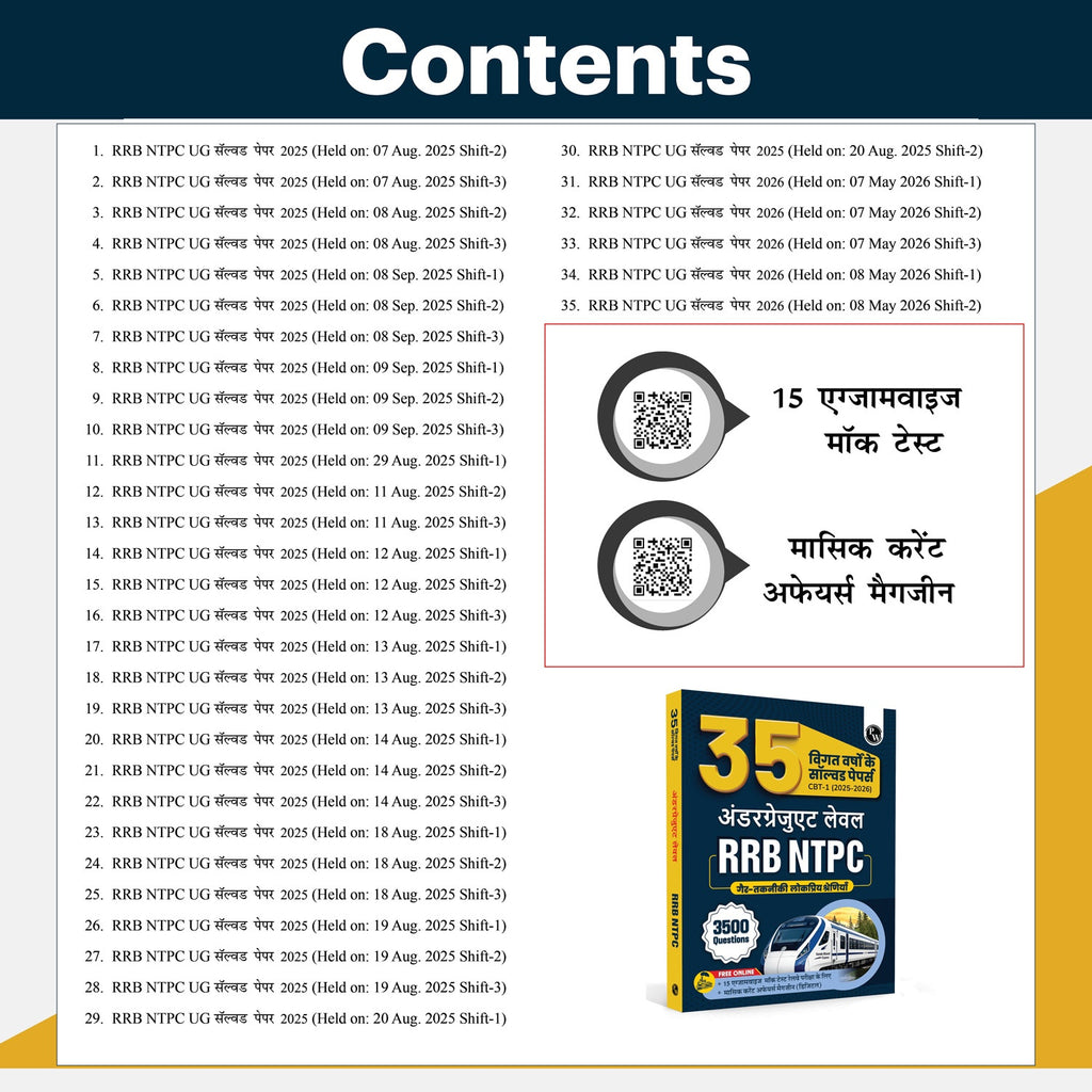 RRB NTPC Undergraduate 35 Previous Year Solved Papers CBT-1 2025-26 (PYQ) Hindi Medium | 3500+ Questions | 15 Online Mock Tests for Exam 2026-27