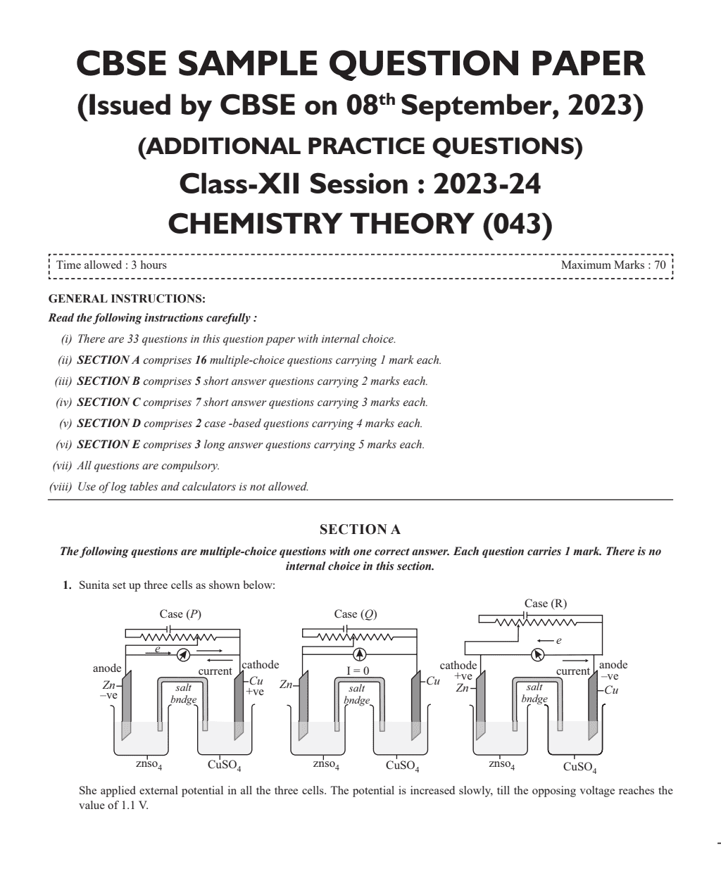 CBSE 15 Sample Question Papers Class 12 Chemistry for 2024 Exam (Mock Test Paper) Adhering to Competency - Based Learning | Embedded Videos and Cheat Sheet for Revision | PYQ 2023 Solved Paper