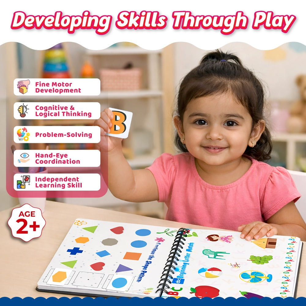 Pick & Stick Velcro Learning Activity Book For Kids | Busy Book Level 1 For 2+ Years Old Toddlers | Montessori DIYs, Skill Builder, Numbers, Alphabets, Body Parts, Colors, Travel Vehicles, Kids Gifts